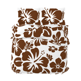 Brown Hawaiian Flowers on White Duvet Cover– Large Scale – Extremely Stoked® Eco Luxe Beach Bedding