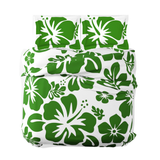 Fresh Green Hawaiian Flowers on White Duvet Cover – Large Scale – Extremely Stoked® Eco Luxe Beach Bedding