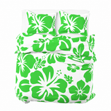 Lime Green Hawaiian Flowers on White Duvet Cover – Large Scale – Extremely Stoked® Eco Luxe Beach Bedding