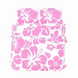 Pink Hawaiian Flowers on White Duvet Cover – Large Scale – Extremely Stoked® Eco Luxe Beach Bedding