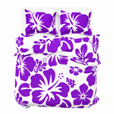 Purple Hawaiian Flowers on White Duvet Cover – Large Scale – Extremely Stoked® Eco Luxe Beach Bedding