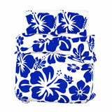 Royal Blue Hawaiian Flowers on White Duvet Cover – Large Scale – Extremely Stoked® Eco Luxe Beach Bedding