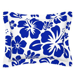 Royal Blue Hawaiian Hibiscus Flowers on White Pillow Sham - Extremely Stoked