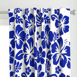 Royal Blue Hawaiian Flowers on White Window Curtains - Extremely Stoked® Eco Beach Luxe Collection - Medium Scale