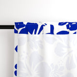 Royal Blue Hawaiian Flowers on White Window Curtains - Extremely Stoked® Eco Beach Luxe Collection - Medium Scale