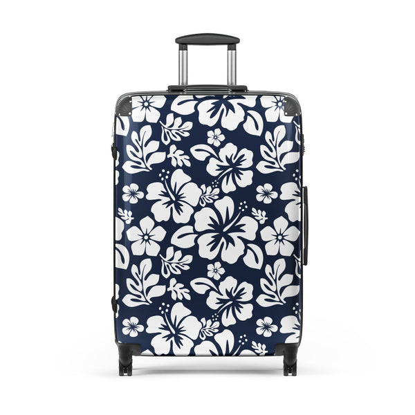 White Hawaiian Flowers on Navy Blue Suitcase – Luggage by