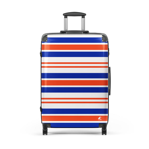 orange, blue and white stripes suitcase