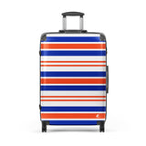 orange, blue and white stripes suitcase