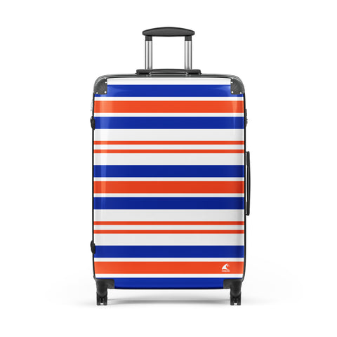 orange, blue and white stripes suitcase