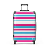 Hot Pink, Aqua Blue and White Classic Surf Stripes Suitcase – Surf & Beach Inspired Luggage by Extremely Stoked®