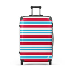 Red, Aqua Blue and White Classic Surf Stripes Suitcase – Surf & Beach Inspired Luggage by Extremely Stoked®