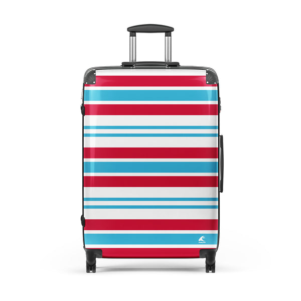 Red, Aqua Blue and White Classic Surf Stripes Suitcase – Surf & Beach Inspired Luggage by Extremely Stoked®