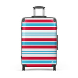 Red, Aqua Blue and White Classic Surf Stripes Suitcase – Surf & Beach Inspired Luggage by Extremely Stoked®