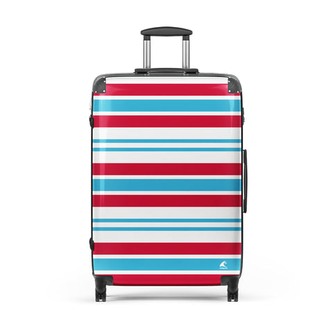 Red, Aqua Blue and White Classic Surf Stripes Suitcase – Surf & Beach Inspired Luggage by Extremely Stoked®