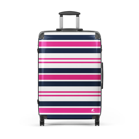 Hot Pink, Navy Blue and White Classic Surf Stripes Suitcase – Surf & Beach Inspired Luggage by Extremely Stoked®