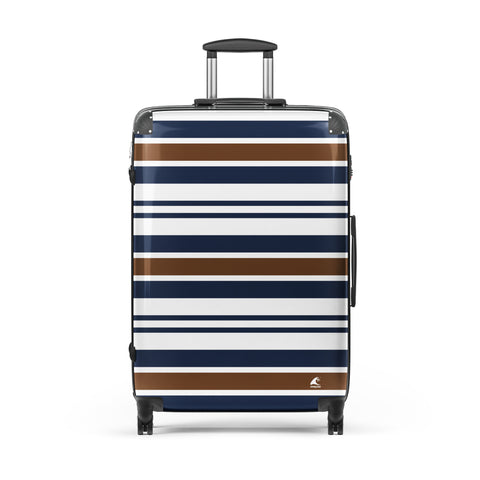 Brown, Navy Blue and White Classic Surf Stripes Suitcase – Surf & Beach Inspired Luggage by Extremely Stoked®