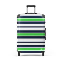 Lime Green, Navy Blue and White Classic Surf Stripes Suitcase – Surf & Beach Inspired Luggage by Extremely Stoked®