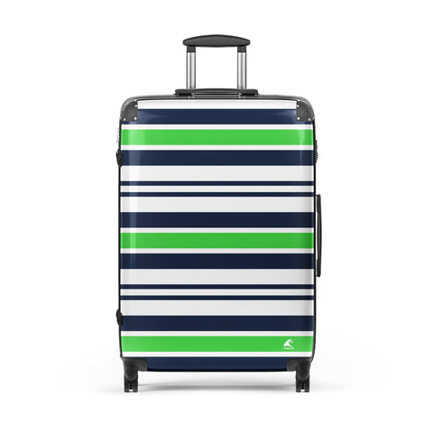 Lime Green, Navy Blue and White Classic Surf Stripes Suitcase – Surf & Beach Inspired Luggage by Extremely Stoked®