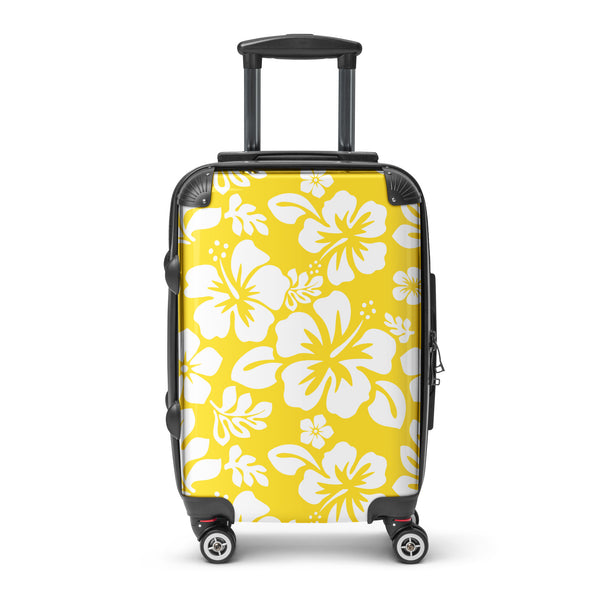 White Hawaiian Flowers on Yellow Carry On Suitcase – Extremely Stoked