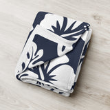 Navy Blue and White Hawaiian Flowers Fleece Throw Blanket