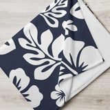 Navy Blue and White Hawaiian Flowers Fleece Throw Blanket