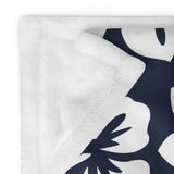 Navy Blue and White Hawaiian Flowers Fleece Throw Blanket