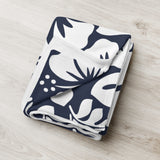 Navy Blue and White Hawaiian Flowers Fleece Throw Blanket