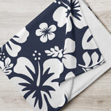 Navy Blue and White Hawaiian Flowers Fleece Throw Blanket