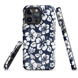 Navy Blue and White Hawaiian Flowers Tough Case for iPhone