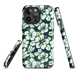 Navy Blue, Lime Green and White Hawaiian Flowers Tough Case for iPhone®