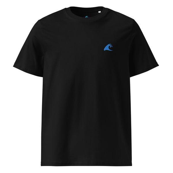 Black Organic Cotton T-Shirt with Aqua Blue Extremely Stoked Epic Wave Logo (Embroidered) - Extremely Stoked