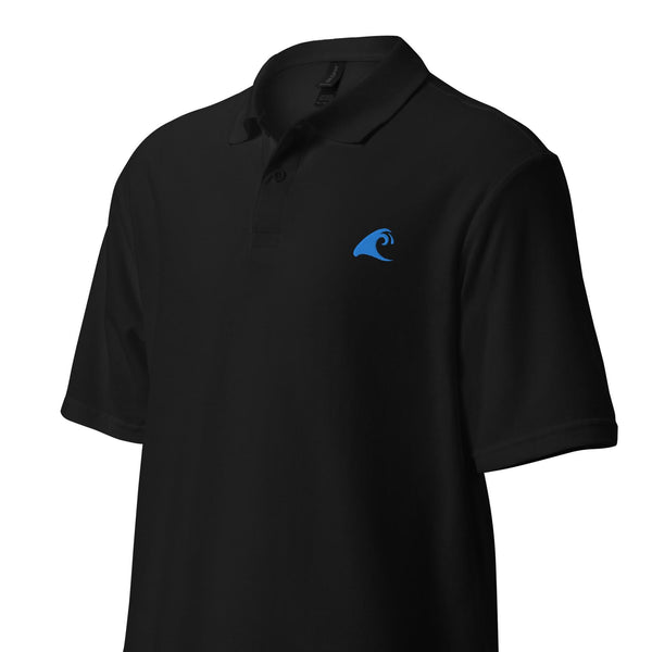 Black Cotton Polo Shirt with Extremely Stoked Aqua Blue Epic Wave Logo - Extremely Stoked