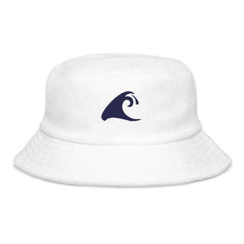 Extremely Stoked®️ Navy Blue Epic Wave Logo on Kid Size White Terry Cloth Bucket Hat - Extremely Stoked