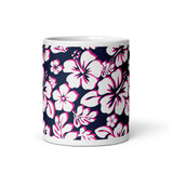 White and Hot Pink Hawaiian Flowers on Navy Blue Coffee Mug