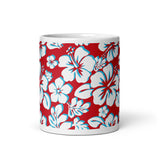 White and Aqua Blue Hawaiian Flowers on Red Coffee Mug