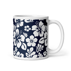 Navy Blue and White Hawaiian Flowers Coffee Mug