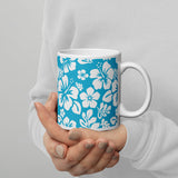 White and Aqua Blue Hawaiian Flowers Coffee Mug
