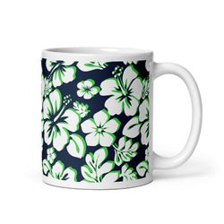 White and Lime Green Hawaiian Flowers on  Navy Blue Coffee Mug