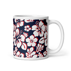 White with Red Hawaiian Flowers on Navy Blue Coffee Mug