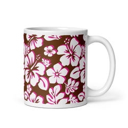 White and Hot Pink Hawaiian Flowers on Brown Coffee Mug