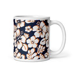 White and Orange Hawaiian Flowers on Navy Blue Coffee Mug