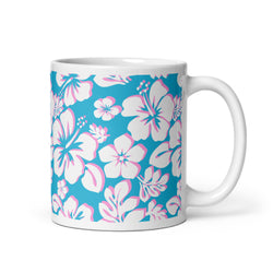 White and Pink Hawaiian Flowers on Aqua Blue Coffee Mug