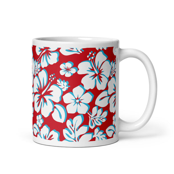 White and Aqua Blue Hawaiian Flowers on Red Coffee Mug