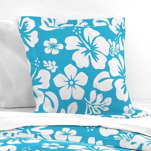 White Hawaiian Hibiscus Flowers on Aqua Ocean Blue Euro Pillow Sham - Extremely Stoked