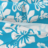 White Hawaiian Flowers on Aqua Ocean Blue Sheet Set from Surfer Bedding™️ Large Scale - Extremely Stoked