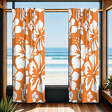 White Hawaiian Flowers on Orange Window Curtains - Extremely Stoked® Eco Beach Luxe Collection - Large Scale