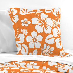 White Hawaiian Hibiscus Flowers on Orange Euro Pillow Sham - Extremely Stoked