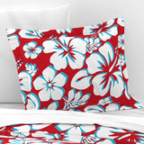 White and Aqua Blue Hibiscus Hawaiian Flowers on Red Pillow Sham - Extremely Stoked