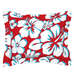 White and Aqua Blue Hibiscus Hawaiian Flowers on Red Pillow Sham - Extremely Stoked