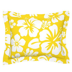 White Hawaiian Hibiscus Flowers on Yellow Pillow Sham - Extremely Stoked